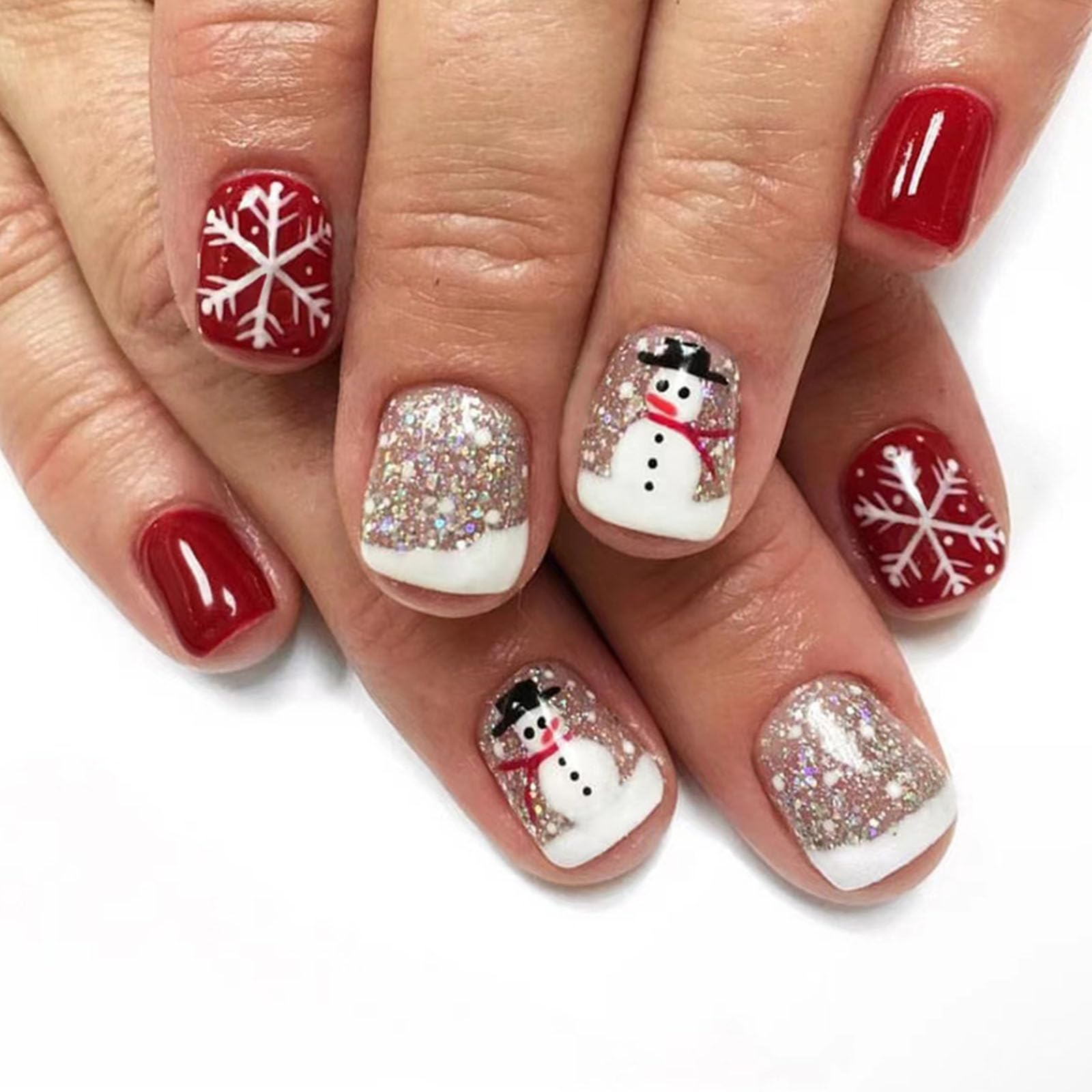 Xenophoer Christmas press-on nails with snowman snowflake designs for festive sparkle