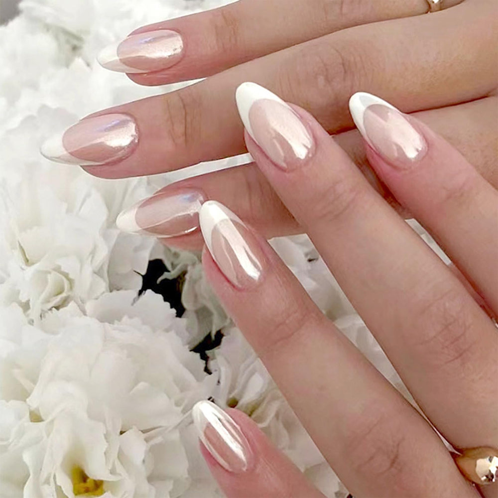 Xenophoer chrome press-on nails almond short with white tips for fast chic looks