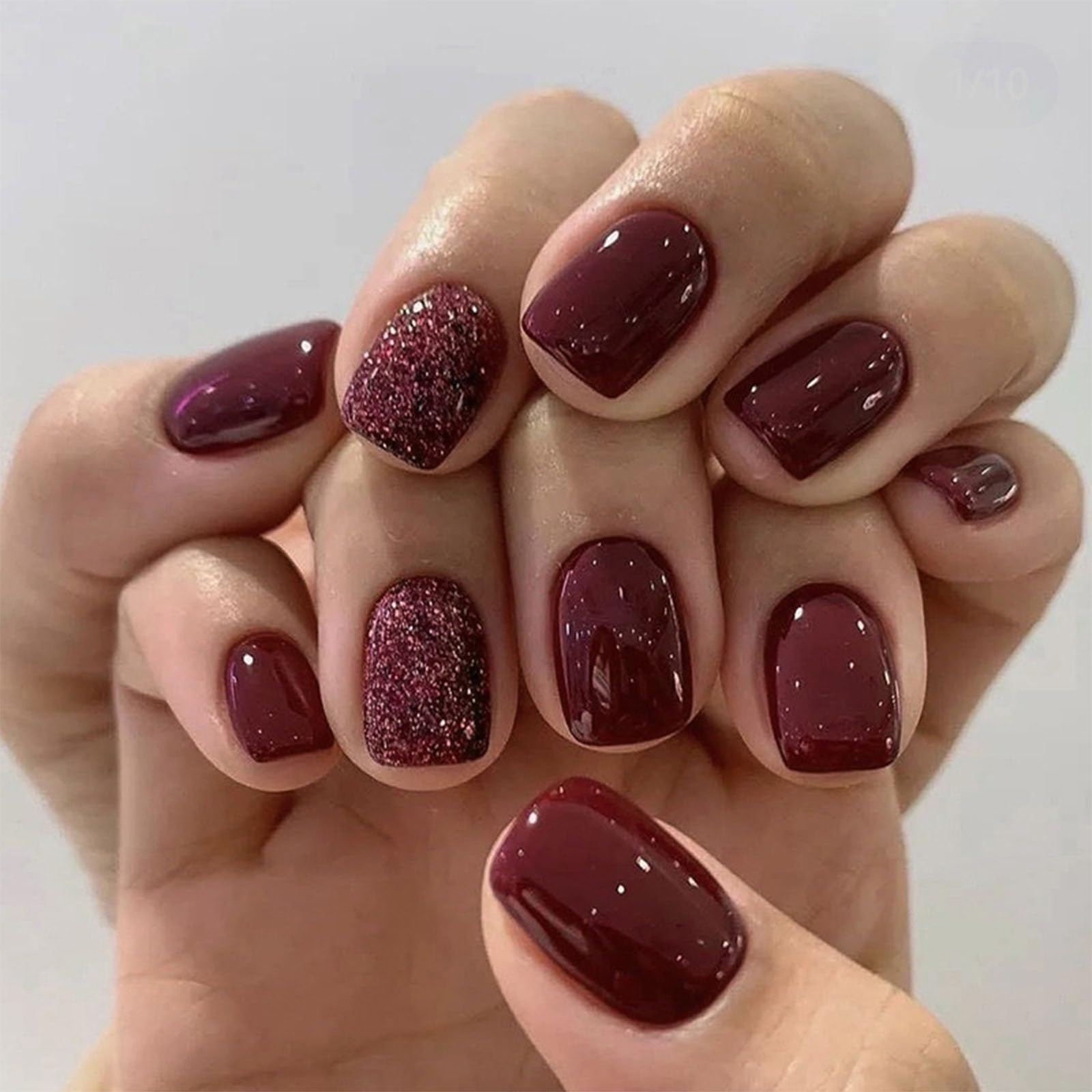 Xenophoer burgundy square press-on nails with gold glitter for chic daily wear