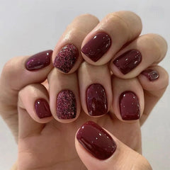Xenophoer burgundy square press-on nails with gold glitter for chic daily wear