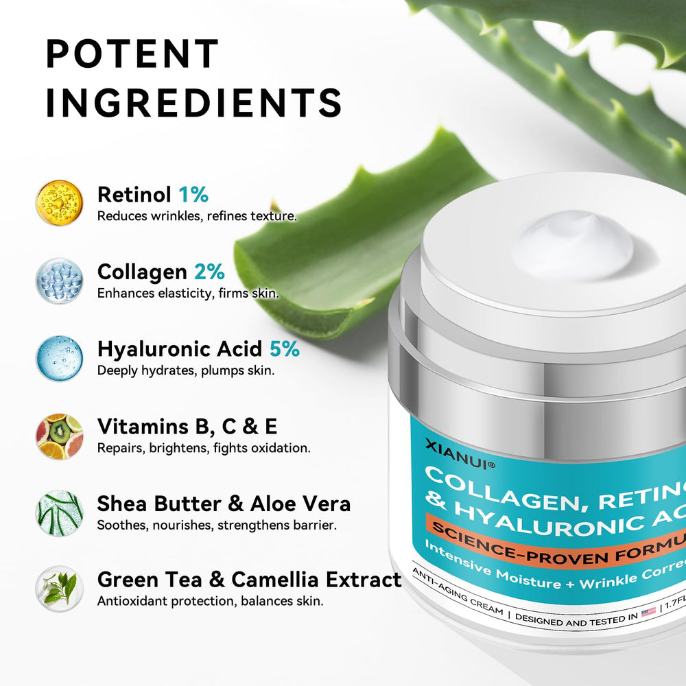 Hydrolyzed collagen and hyaluronic acid highlights for firming and plumping benefits from XIANUI.