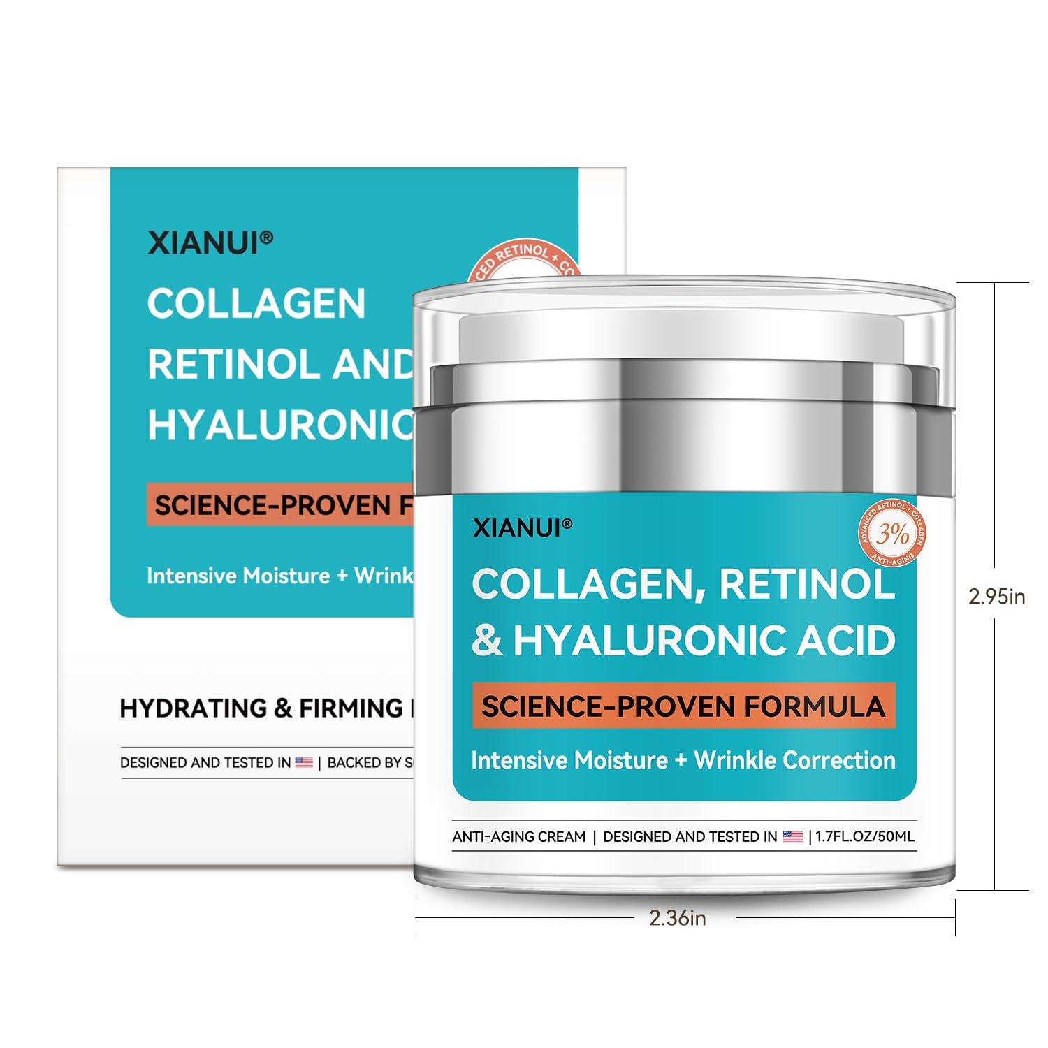 XIANUI retinol cream jar packaging communicates premium hydration and anti-aging support.