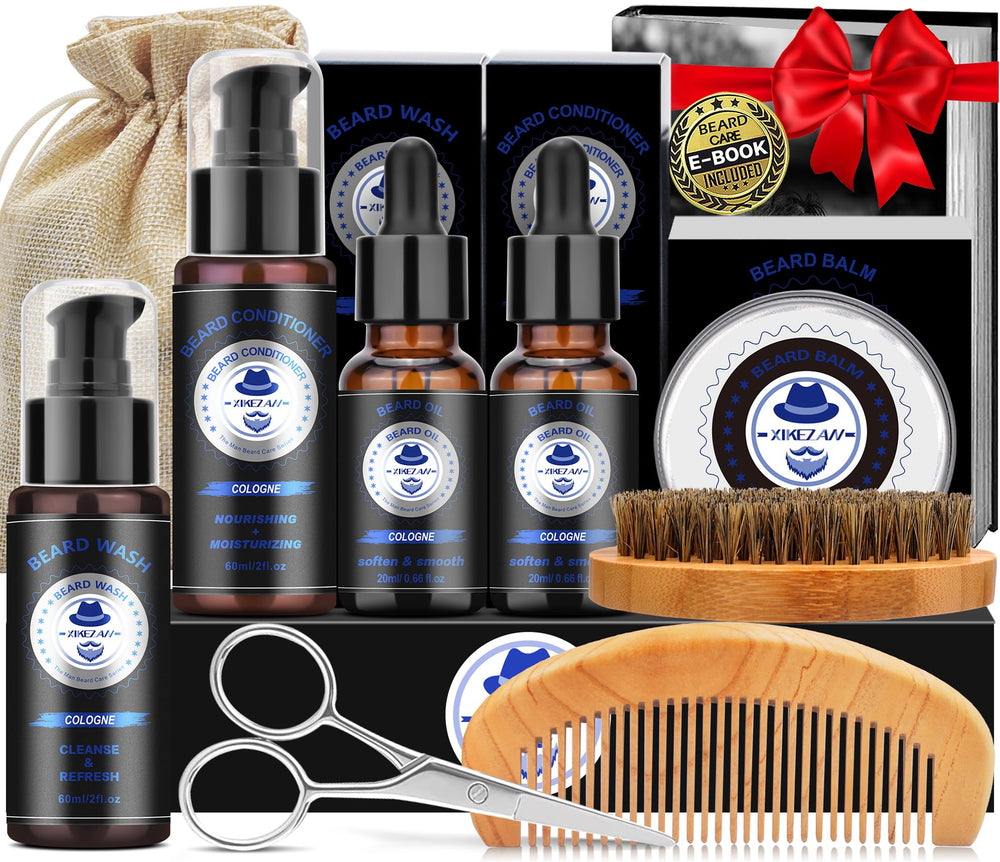 XIKEZAN beard grooming kit box showing all-in-one set for at-home grooming and styling.