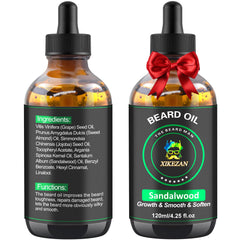 XIKEZAN sandalwood beard oil bottle ready to soften facial hair.