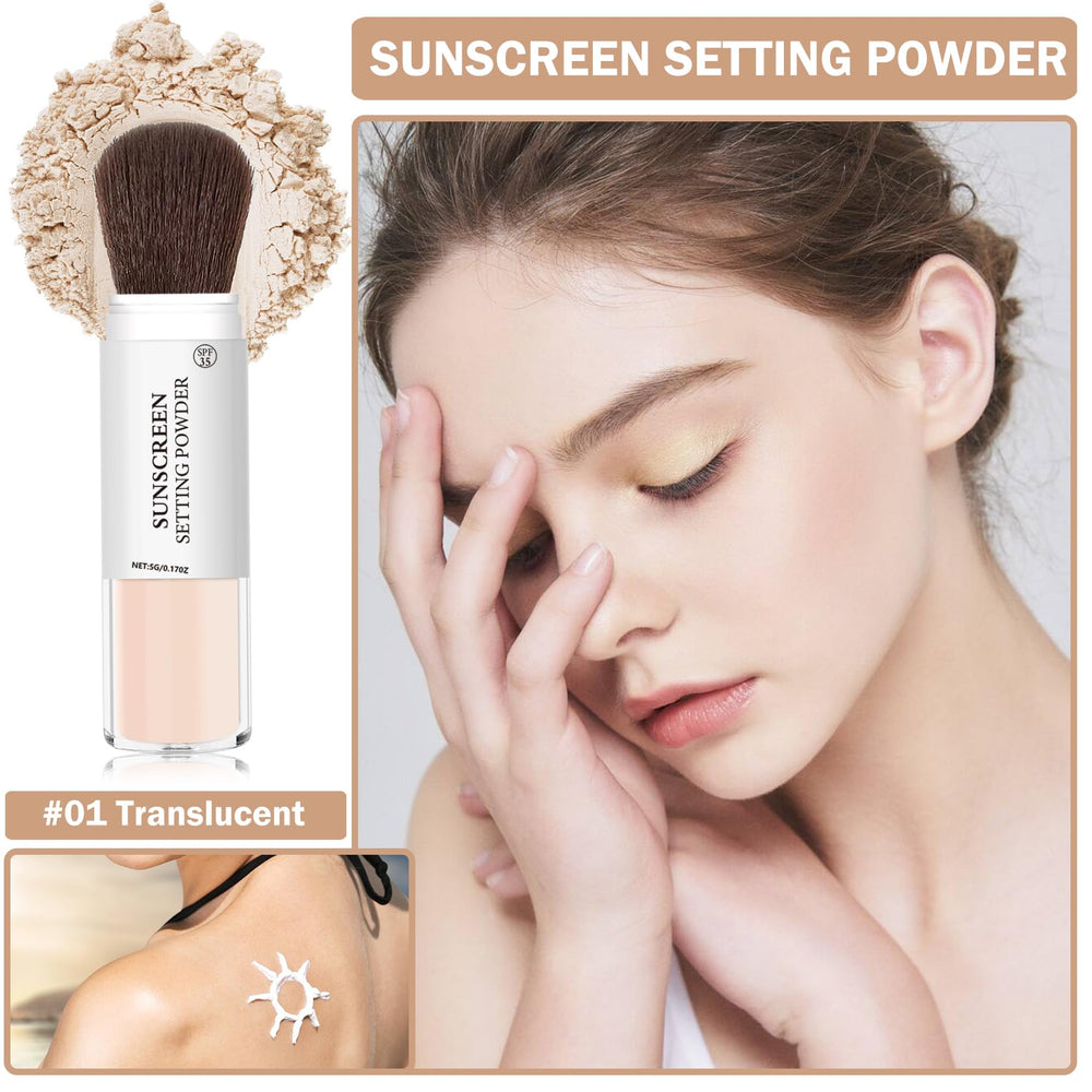XINGXYUEL mineral sunscreen powder dual-ended design with brush for quick touch-ups.