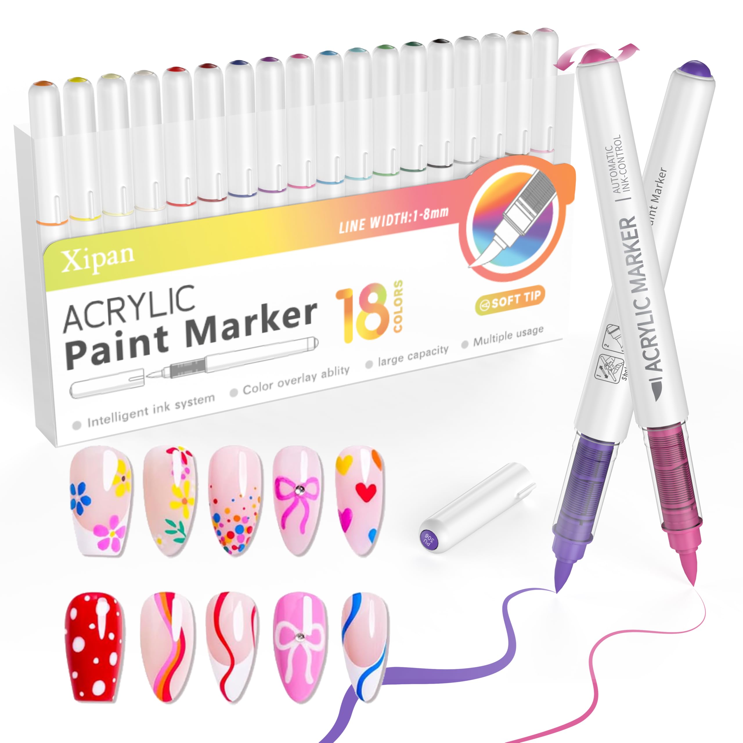 Xipan 18 colors nail art pens set showing vibrant shades for detailed home and salon designs
