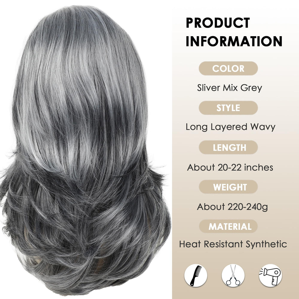 XIUFAXIRUSI middle-part silver wig provides natural-looking volume and face framing.