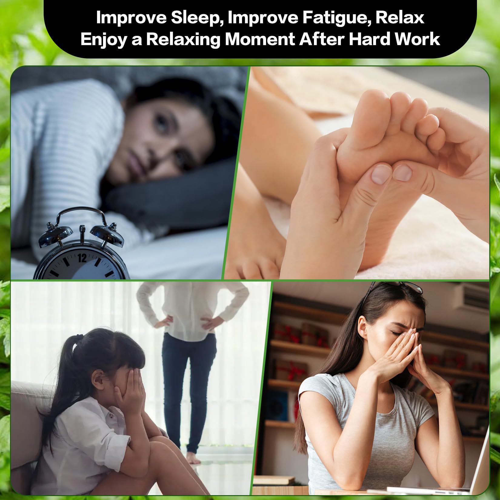 Xiweioo foot pads showcased for meditation and stress relief after long day.
