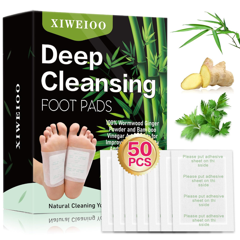 Xiweioo ginger oil bamboo charcoal foot pads ready for overnight relaxation and stress relief.