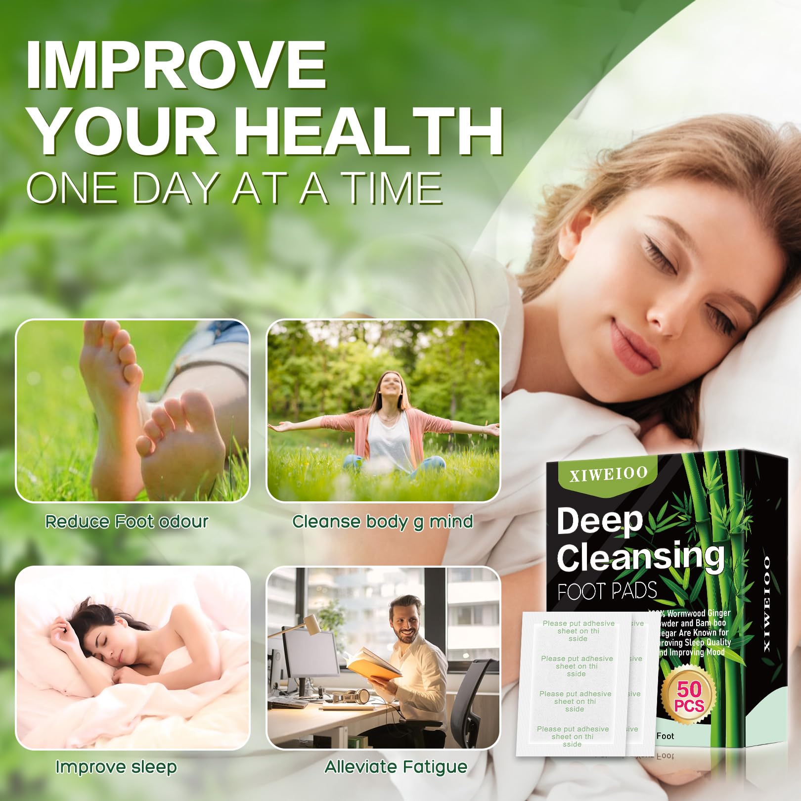 Xiweioo ginger oil blend foot pads shown on feet to soothe tired ankles overnight.
