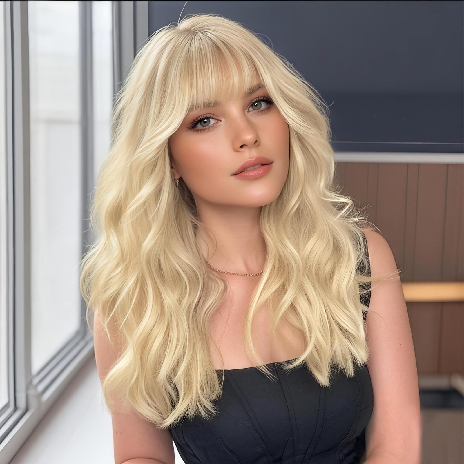 XIXIBI blonde wig with bangs shows long, wavy texture for daily wear