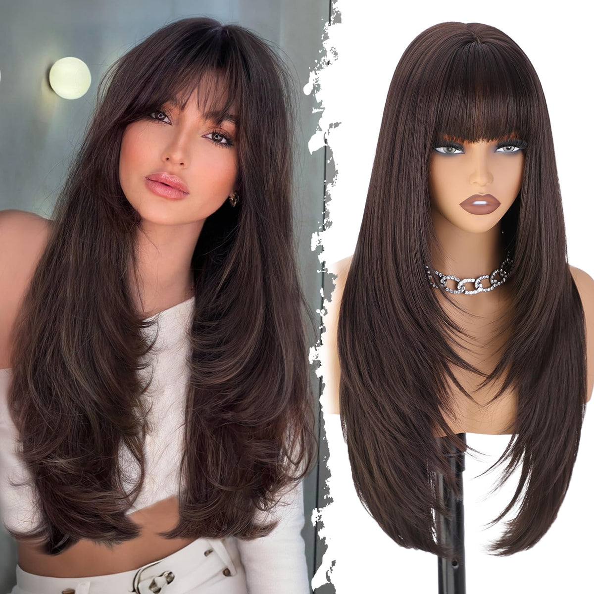 XIXIBI brown wig with bangs showing 4x4 scalp for flexible parting and natural look.