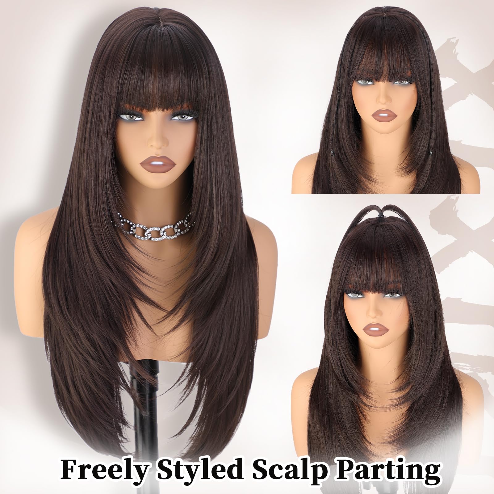 XIXIBI brown wig with face-framing bangs highlighting eye features and soft features.