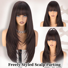 XIXIBI brown wig with face-framing bangs highlighting eye features and soft features.
