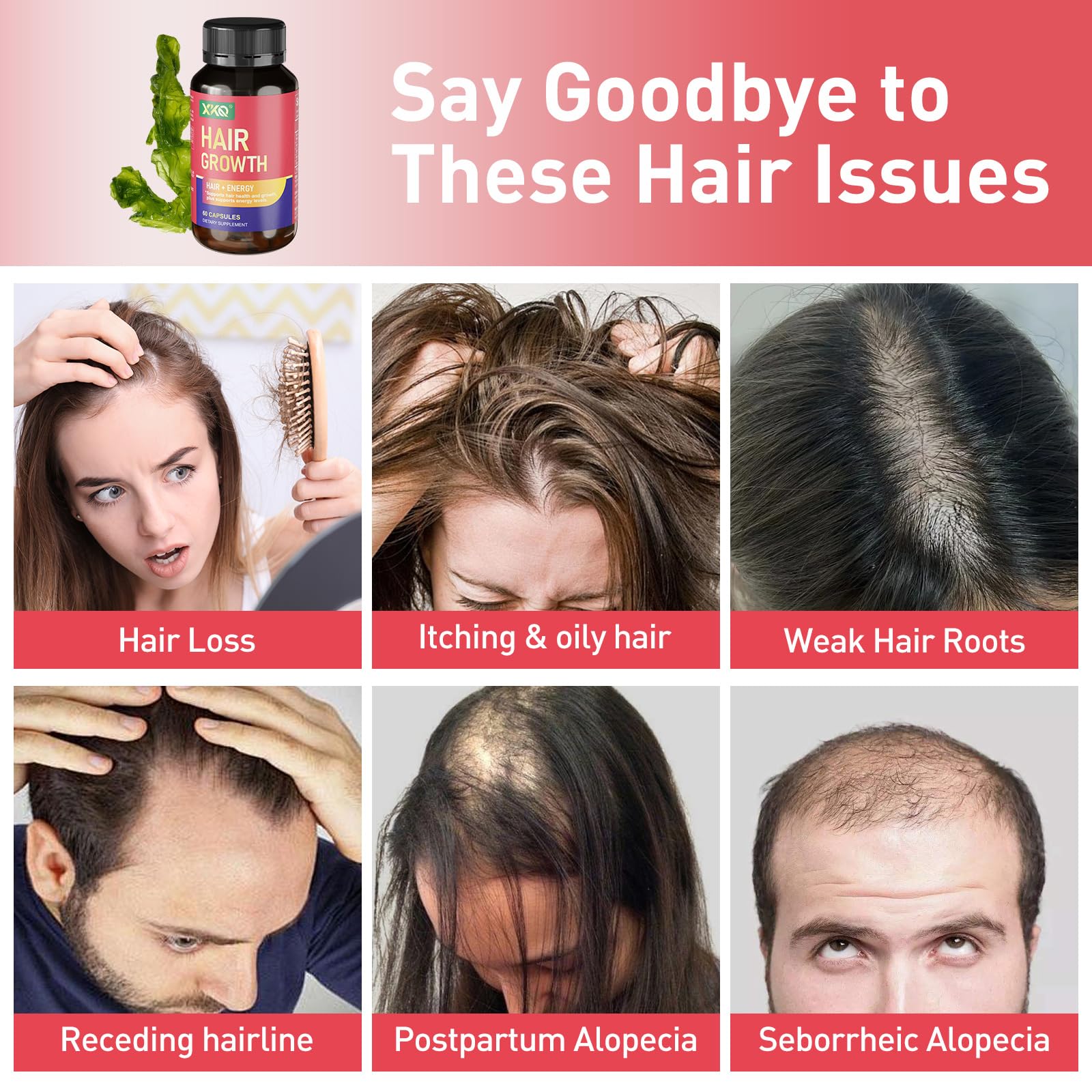 XKQ Hair Growth Supplements label close-up showing plant-based formula for daily use.