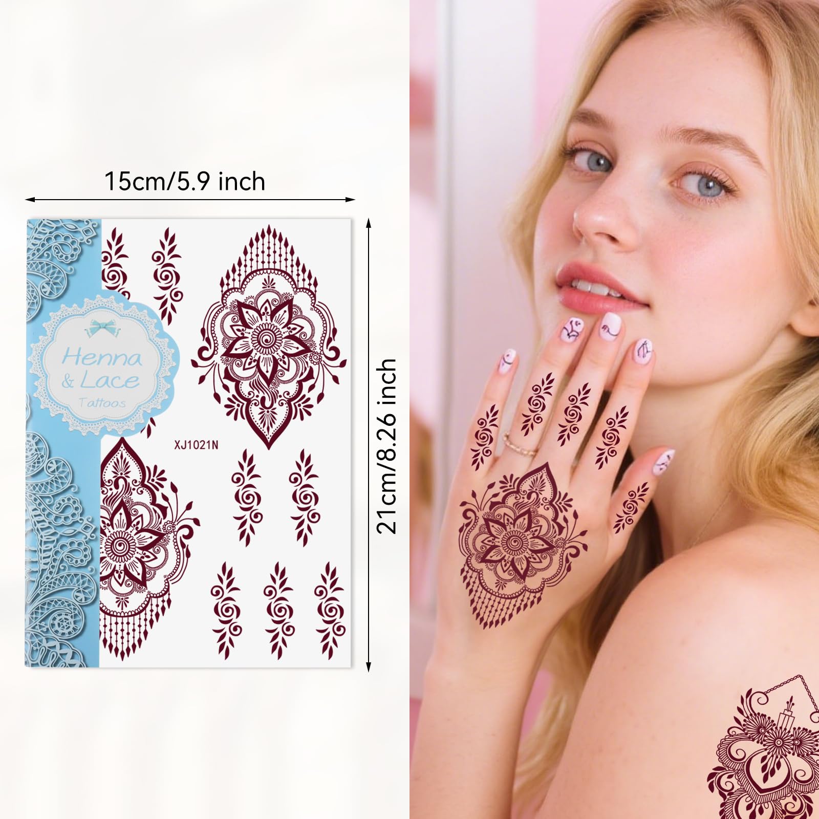 Xmasir henna stickers decorate face, hands, and legs for party looks