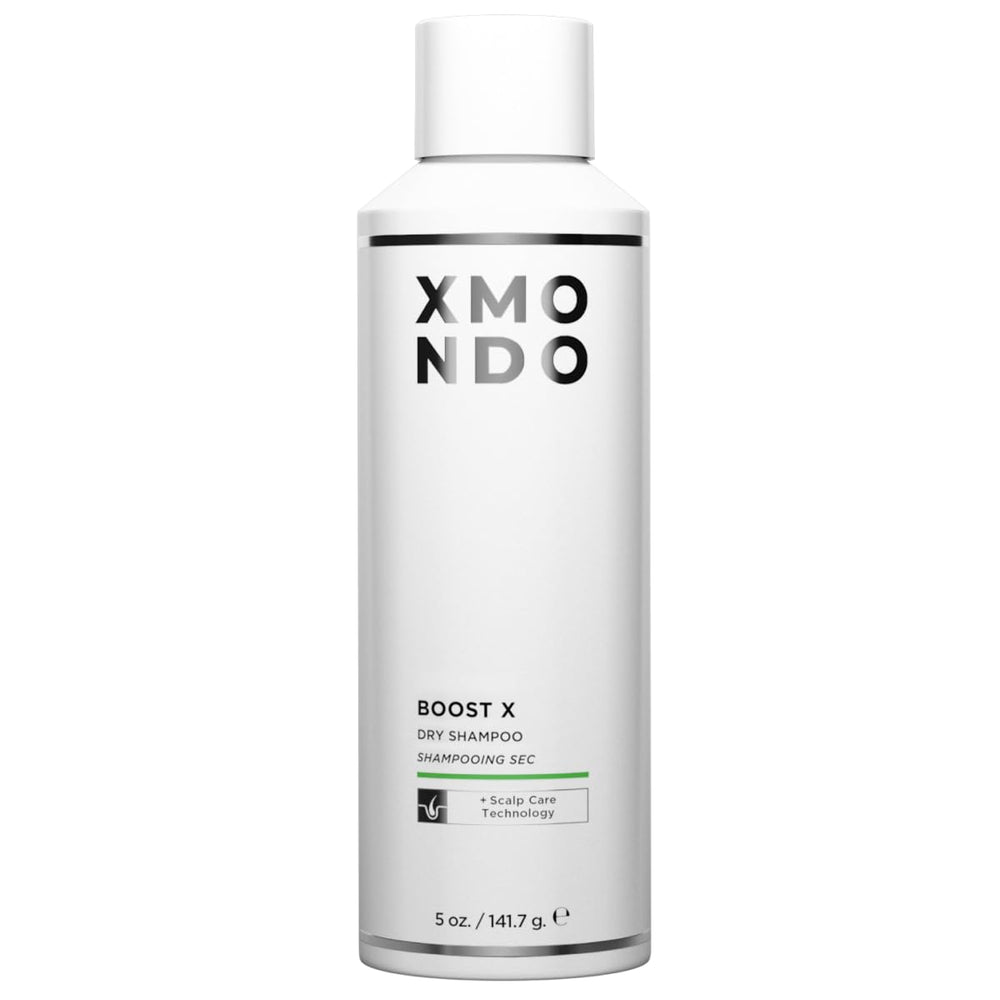 XMONDO Hair BOOST X Dry Shampoo bottle showing oil-absorbing formula for refreshed roots.