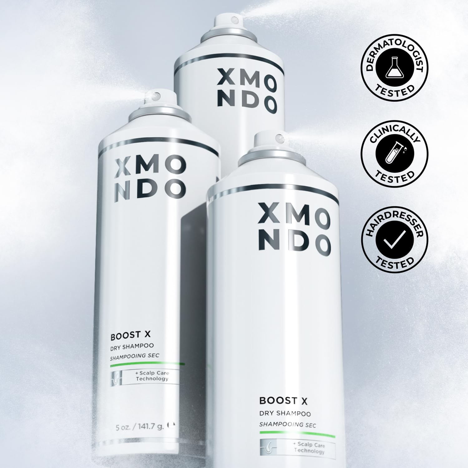 XMONDO Hair BOOST X Dry Shampoo with saw palmetto ingredient highlight.