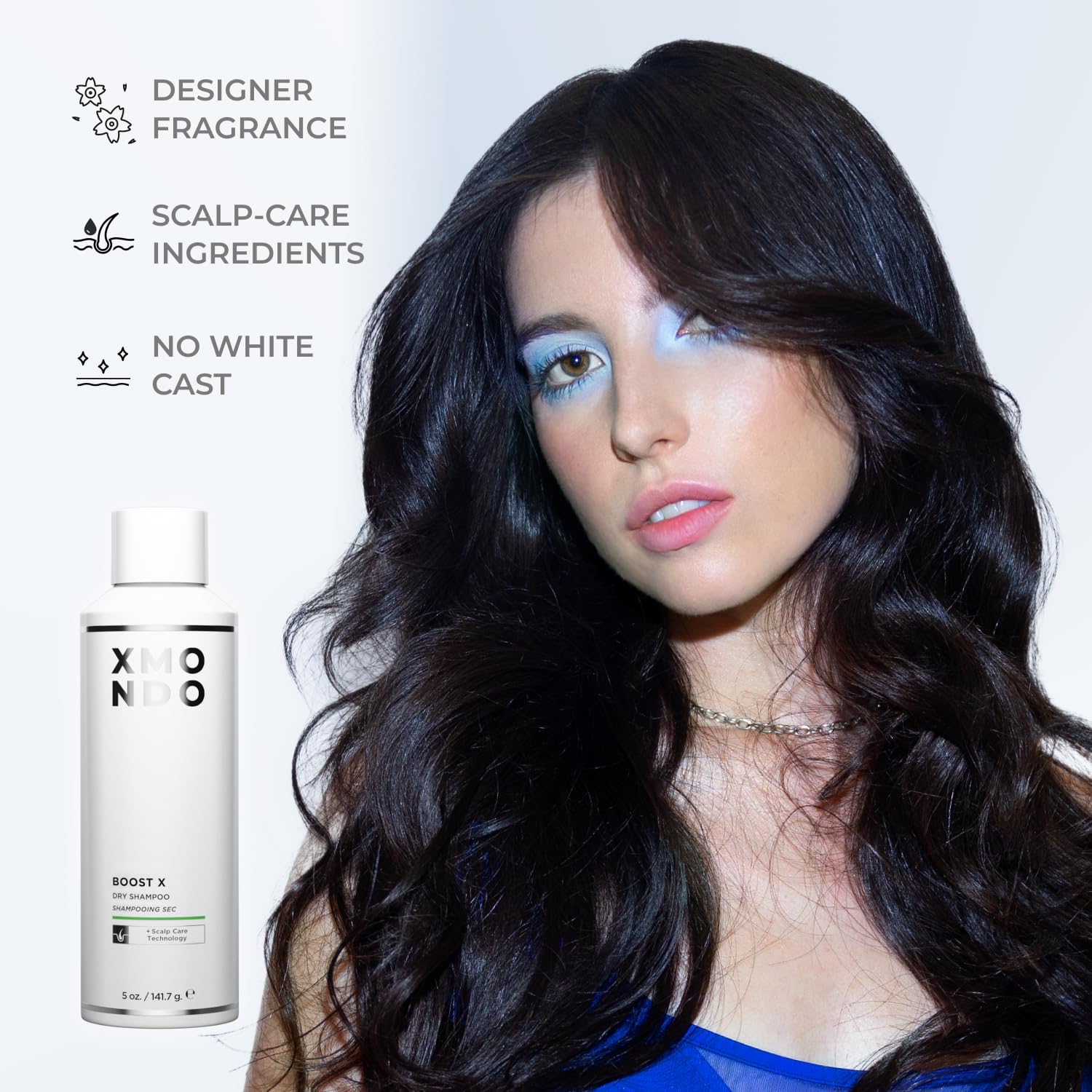 XMONDO Hair BOOST X Dry Shampoo spray being applied for quick refresh.