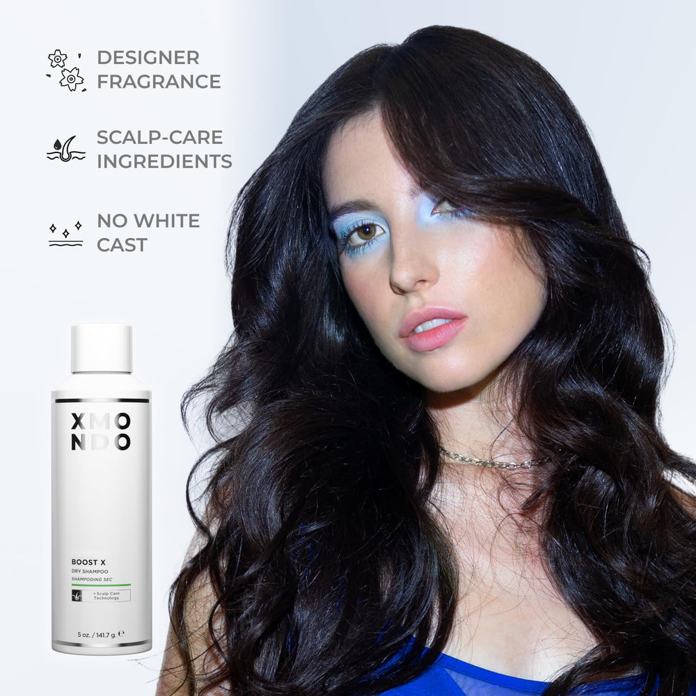 XMONDO Hair BOOST X Dry Shampoo spray being applied for quick refresh.