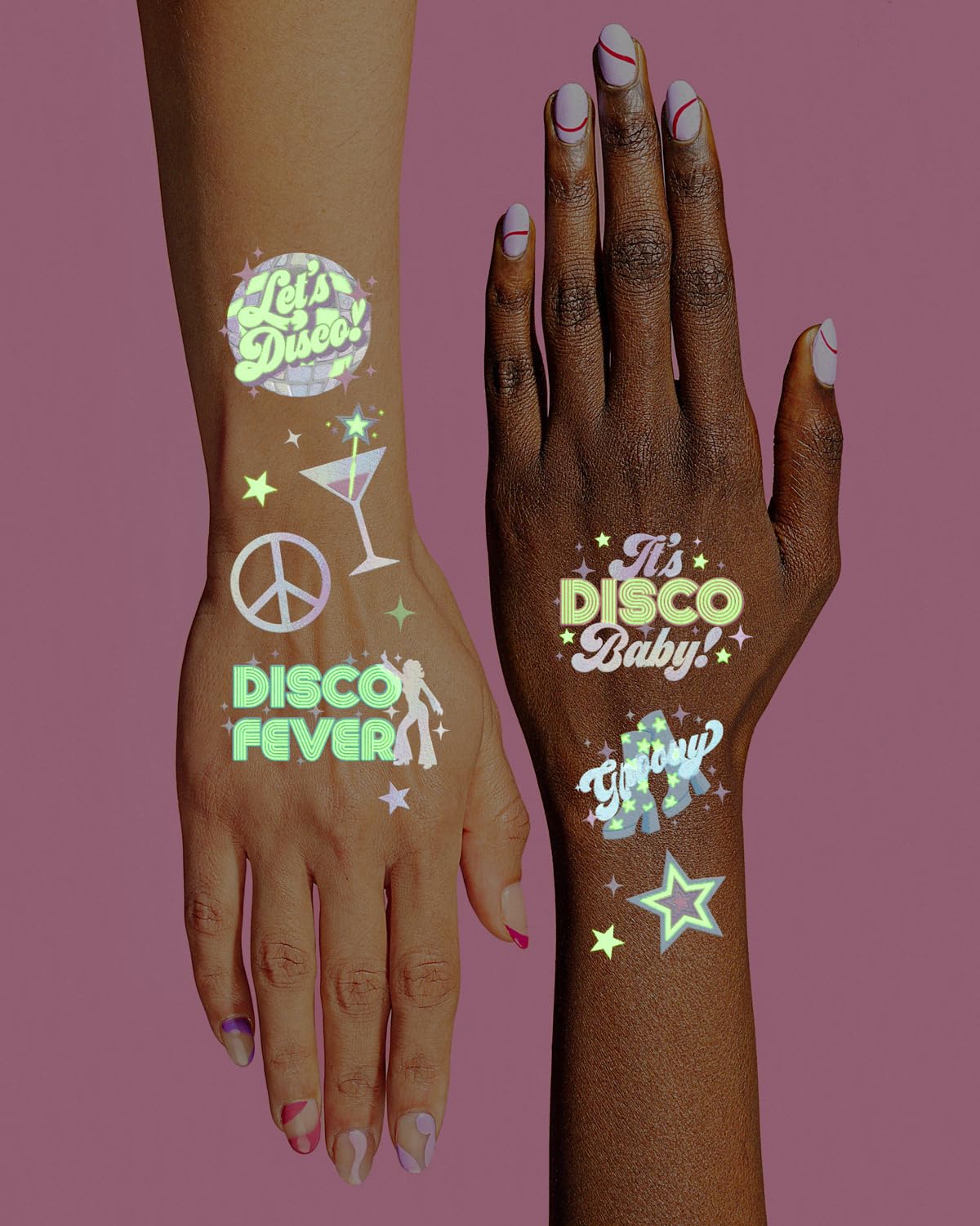 xo Fetti disco glow foil accents tattoo with iridescent shine.