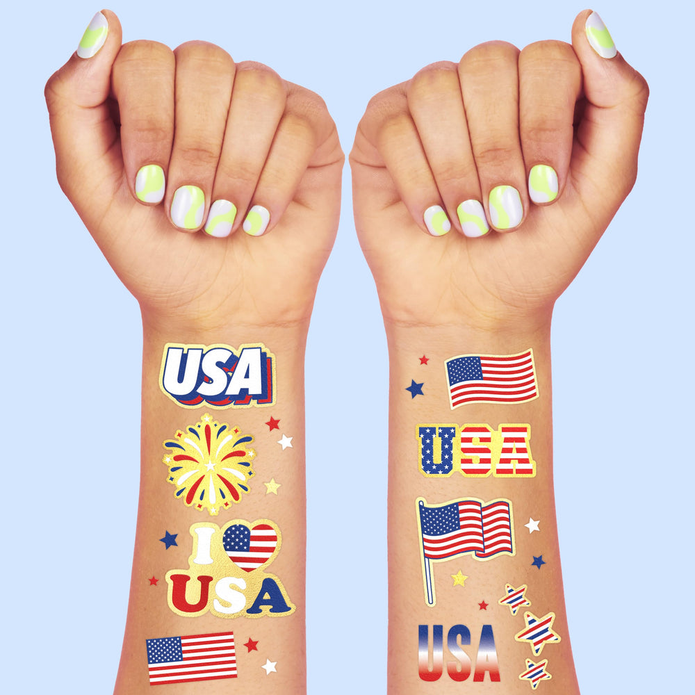 xo, Fetti fireworks tattoo on skin for bold Fourth of July look.