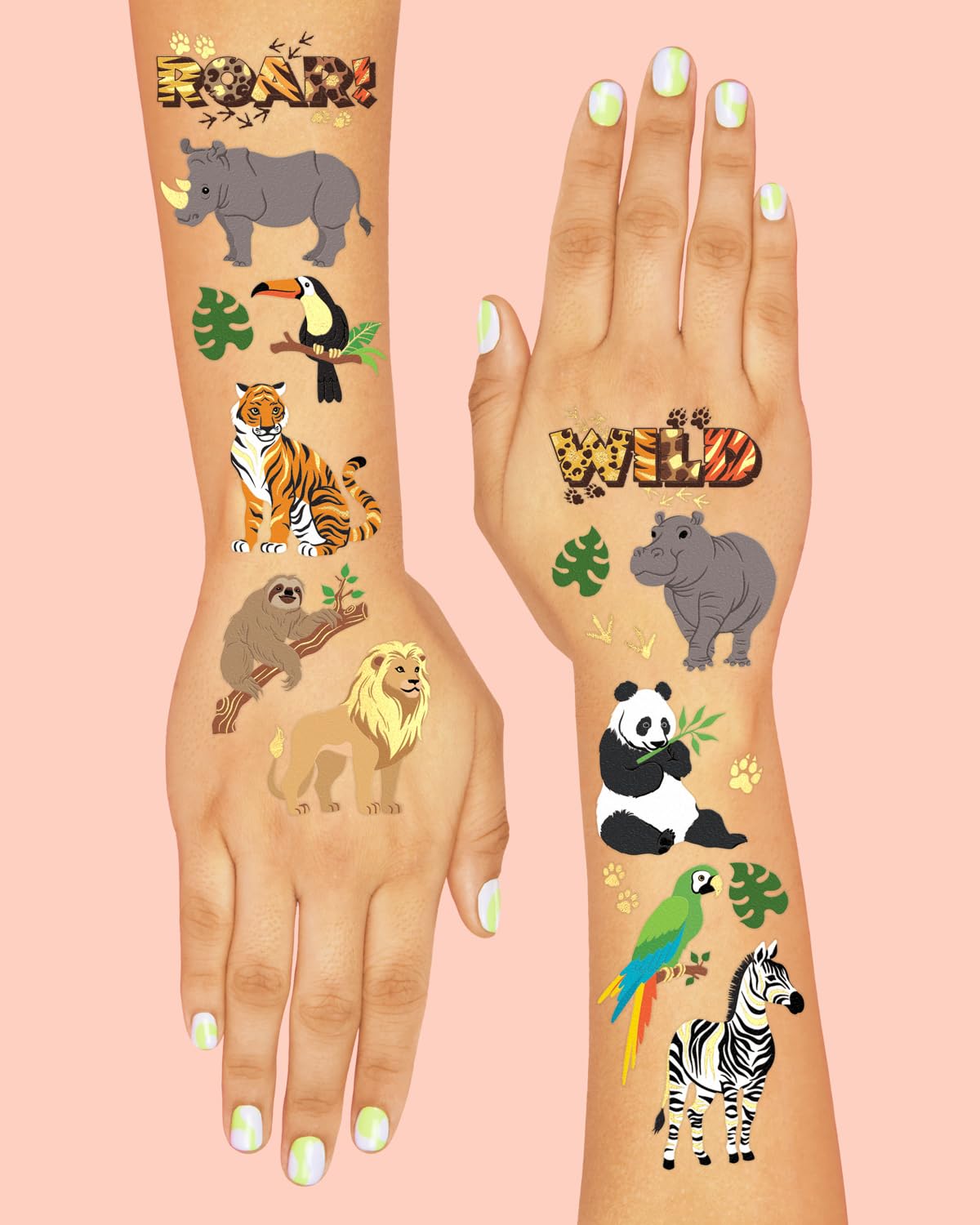 xo Fetti jungle animals tattoos with gold foil accents for a premium party look.