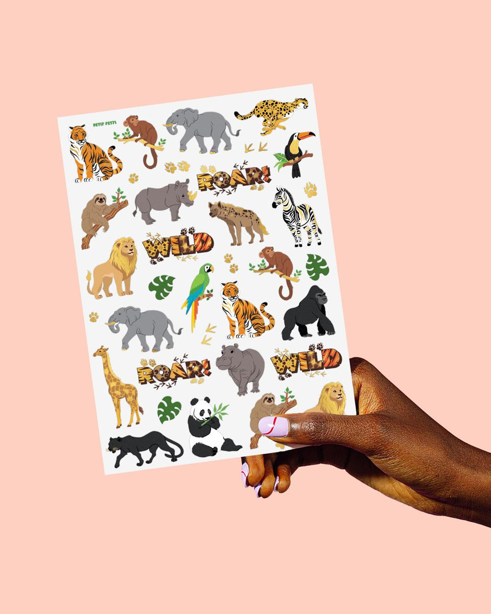 xo Fetti jungle animals tattoos applied on skin to spark durable party fun.