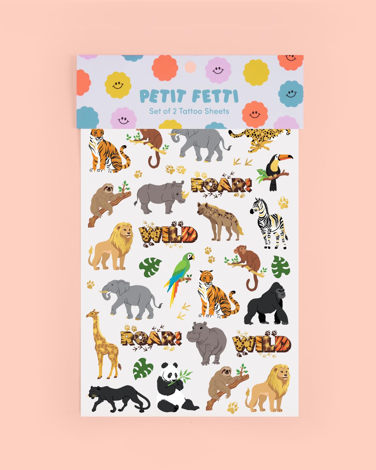 xo Fetti jungle animals tattoos in a safari party setup for decorations and activities.