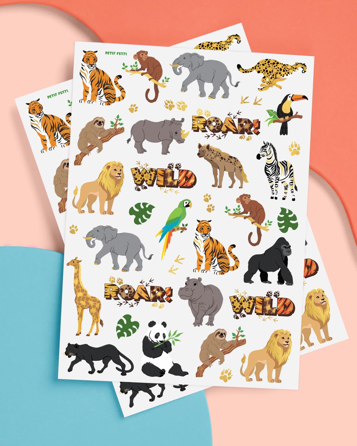 xo Fetti jungle animals tattoos featuring tigers and monkeys for kids' safari party fun.