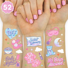 xo, Fetti pink sleepover tattoo sheets with iridescent designs for party favors.