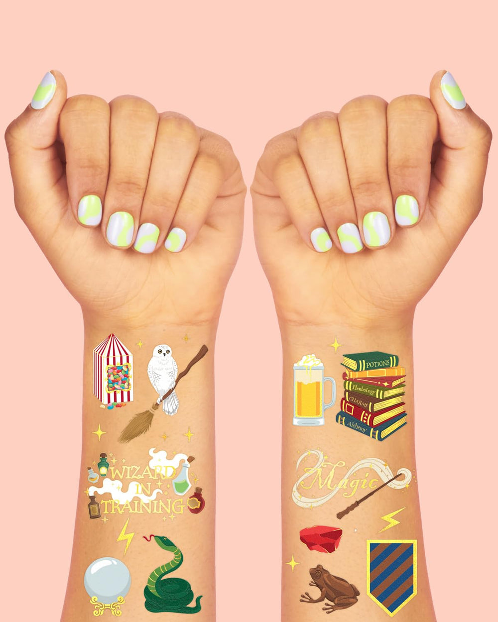 xo, fetti wizard party tattoos foil-potion design — adds shimmer to treats and favors