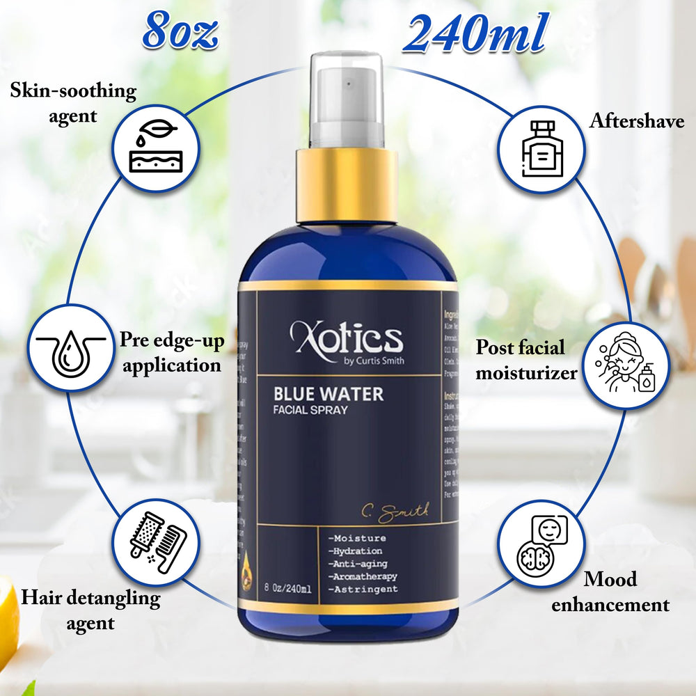 XoticsBlue Water Facial Spray used after shaving to calm skin