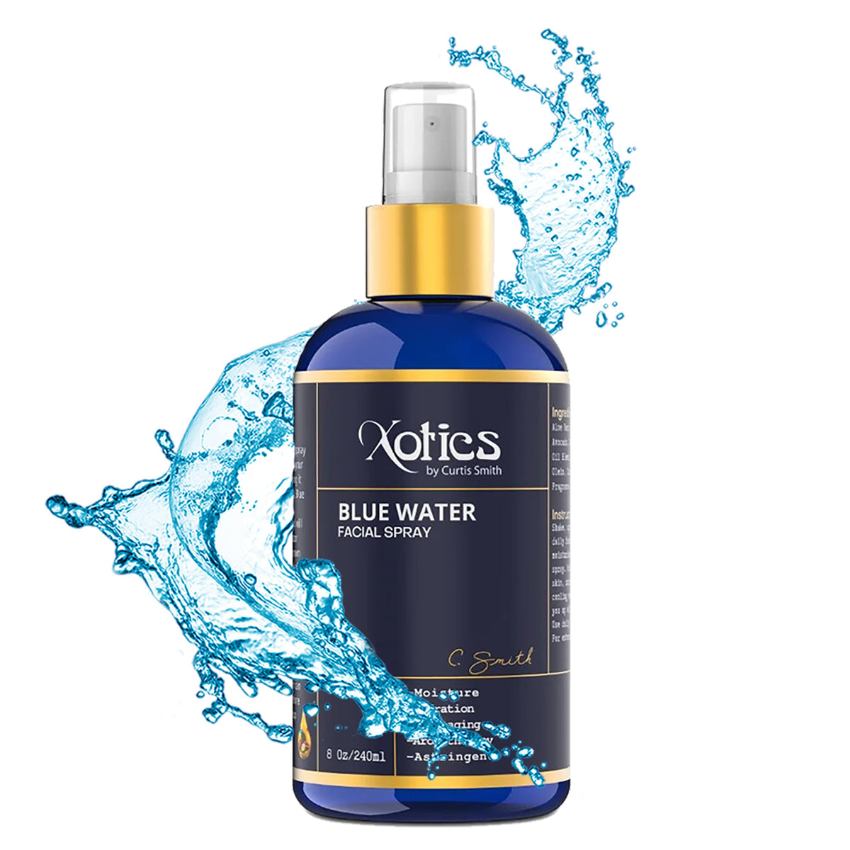 Xotics Blue Water Facial Spray bottle ready for on-the-go hydration and daily refresh