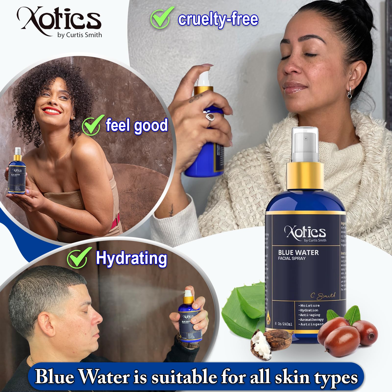 Xotics Blue Water Facial Spray mist application revives skin during the day