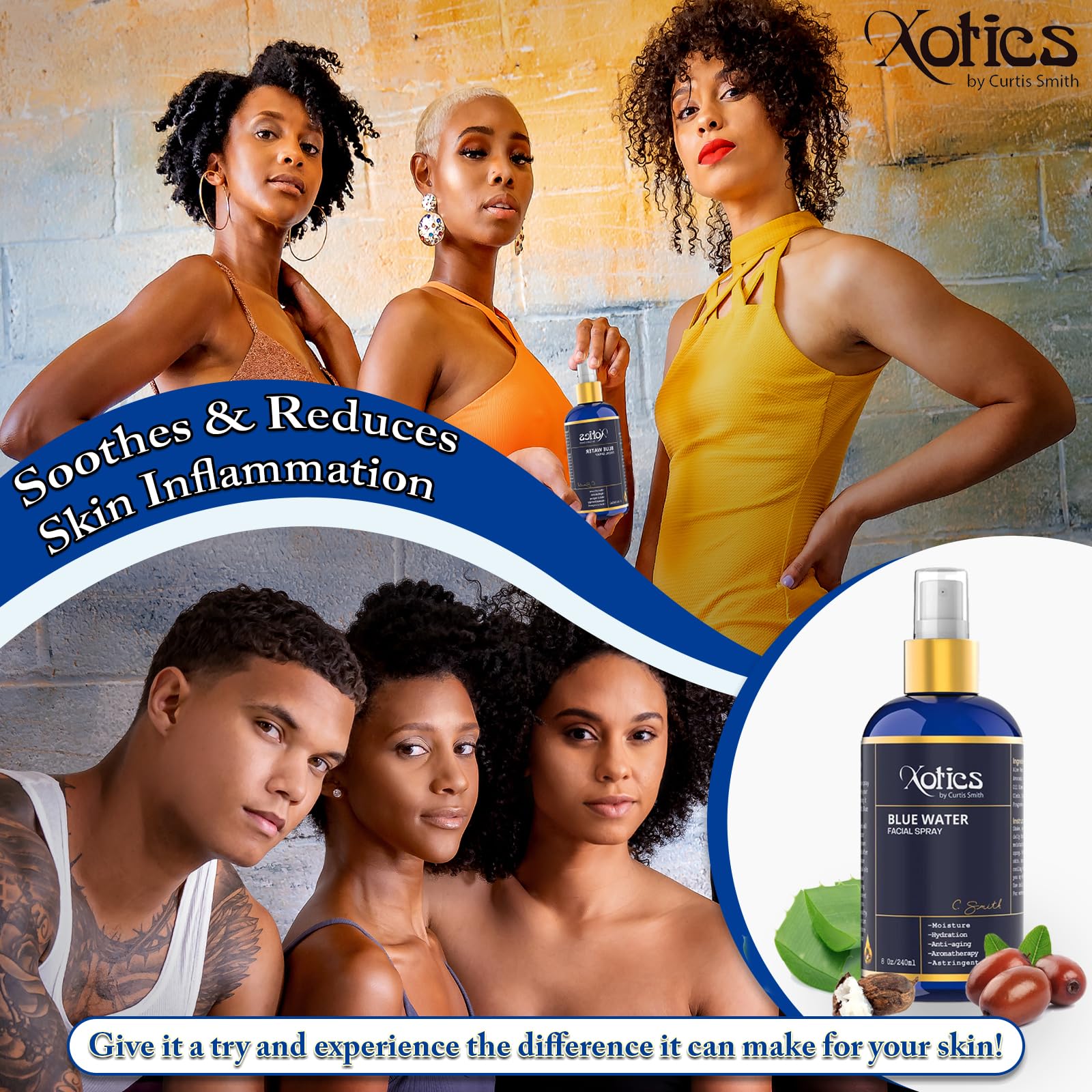 Xotics Blue Water Facial Spray applied to skin for lightweight hydration