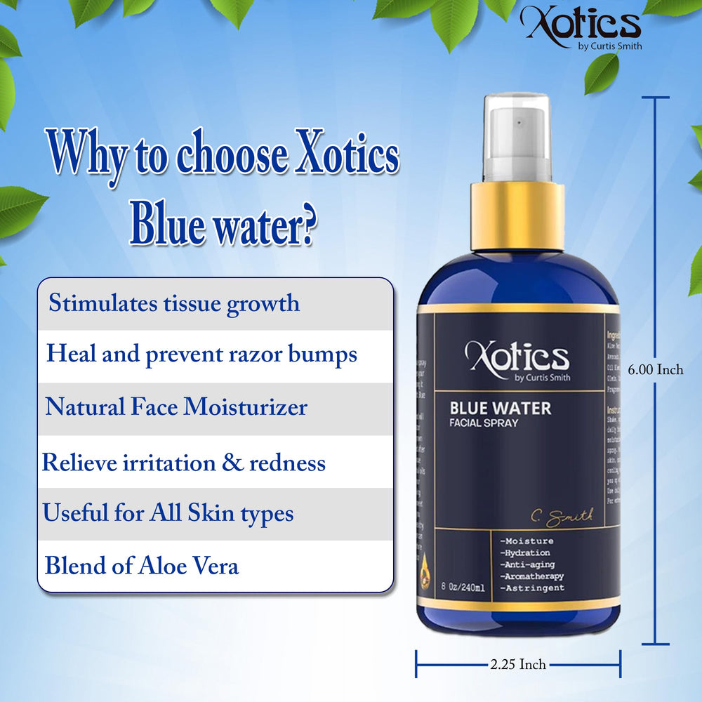 Xotics travel-size Blue Water Facial Spray fits in a bag for quick refresh