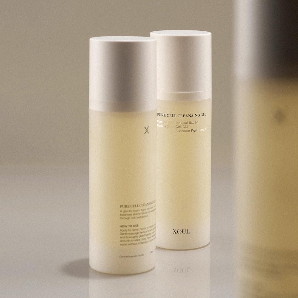 Evening skincare featuring XOUL cleansing gel for sensitive skin care.