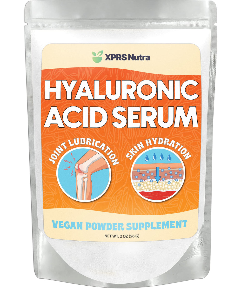 XPRS Nutra Hyaluronic Acid Powder bottle for at-home skincare hydration.