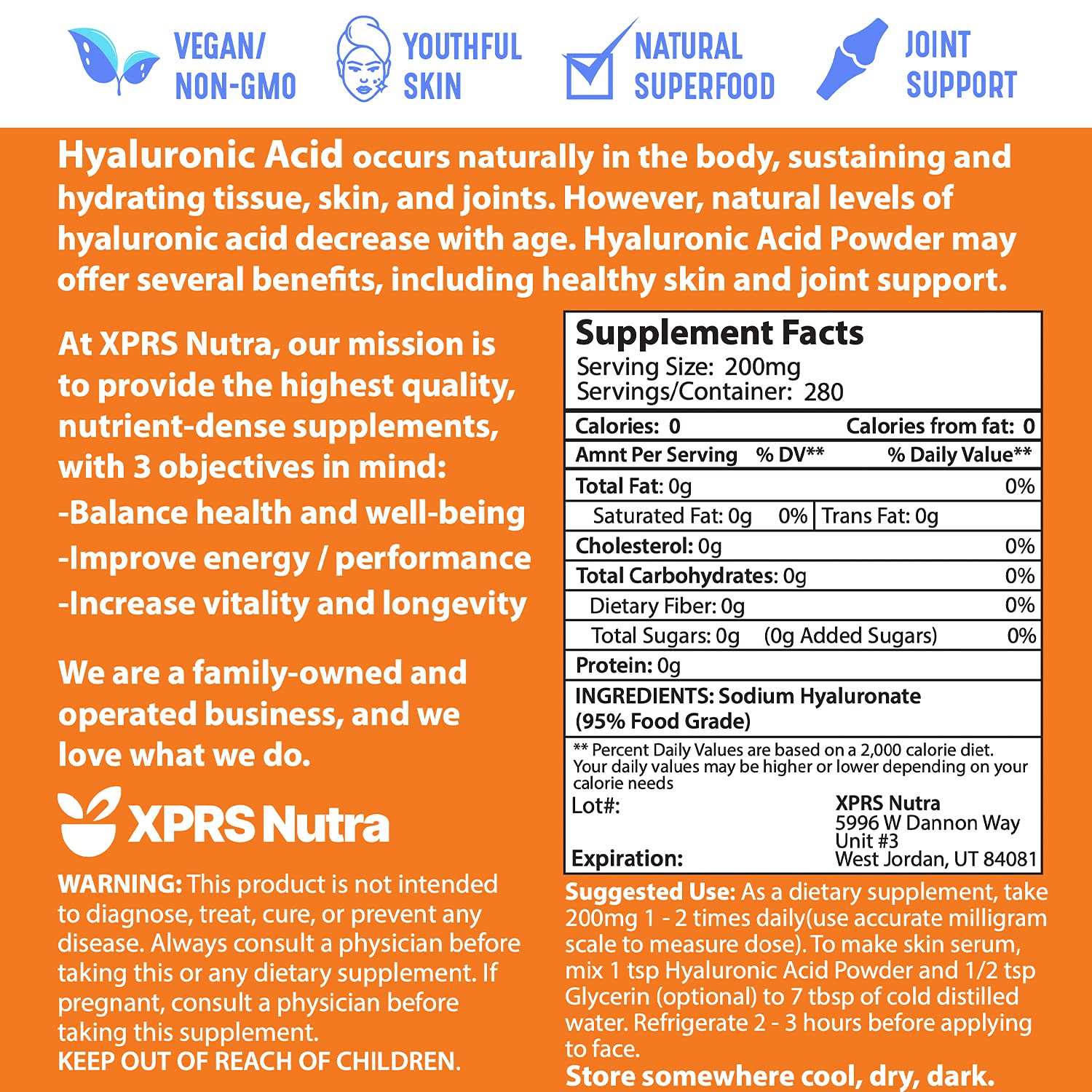 XPRS Nutra Hyaluronic Acid Powder in a labeled jar for skincare routines.