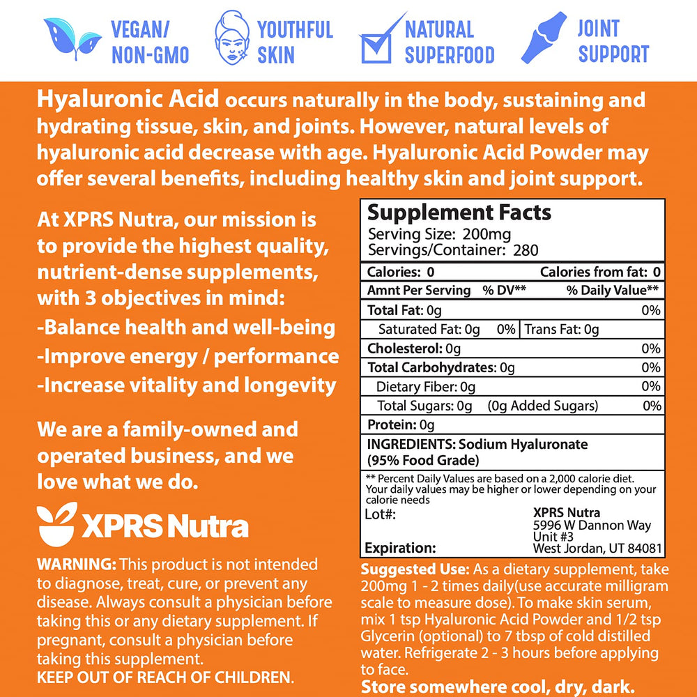 XPRS Nutra Hyaluronic Acid Powder in a labeled jar for skincare routines.