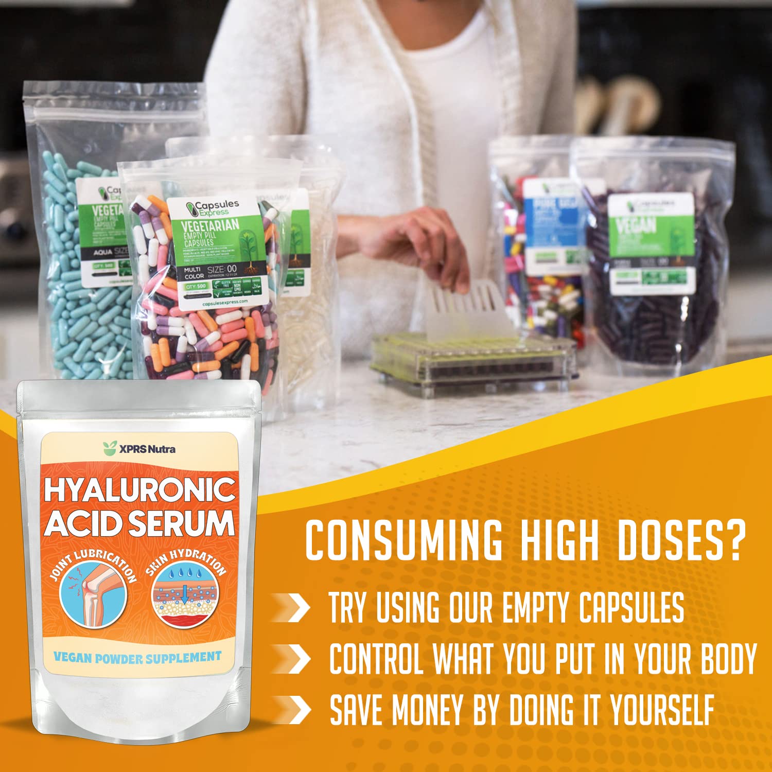 XPRS Nutra Hyaluronic Acid Powder on a measuring spoon for precise dosing.