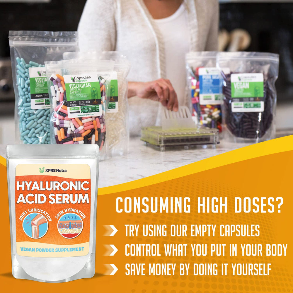 XPRS Nutra Hyaluronic Acid Powder on a measuring spoon for precise dosing.