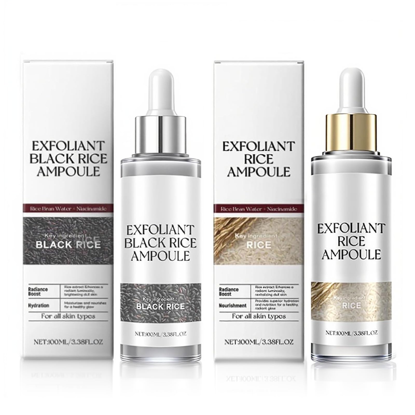 XQMVCO rice exfoliating ampoule set black bottle close-up shows refined texture