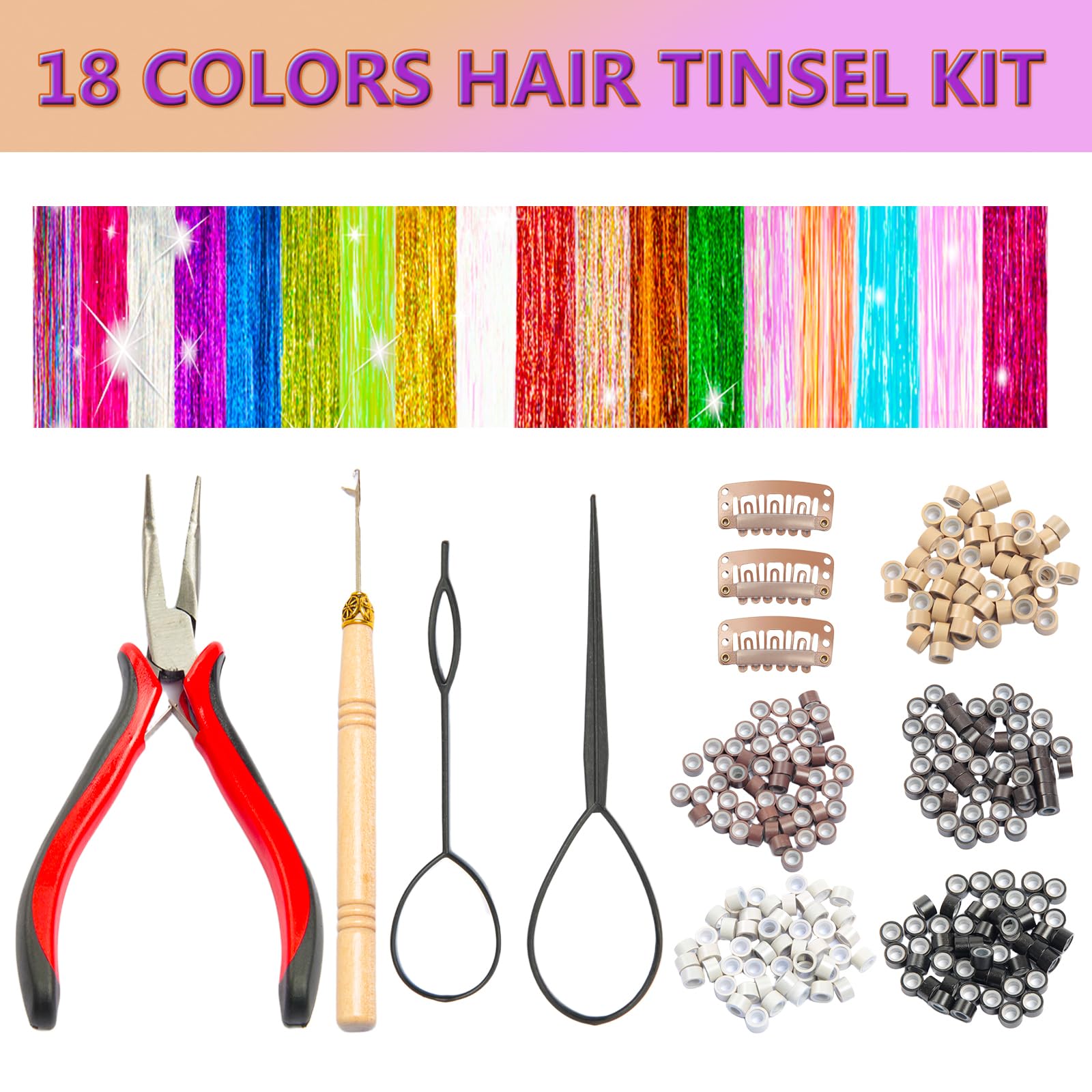 XSASLYET hair tinsel kit contents shown for quick DIY styling
