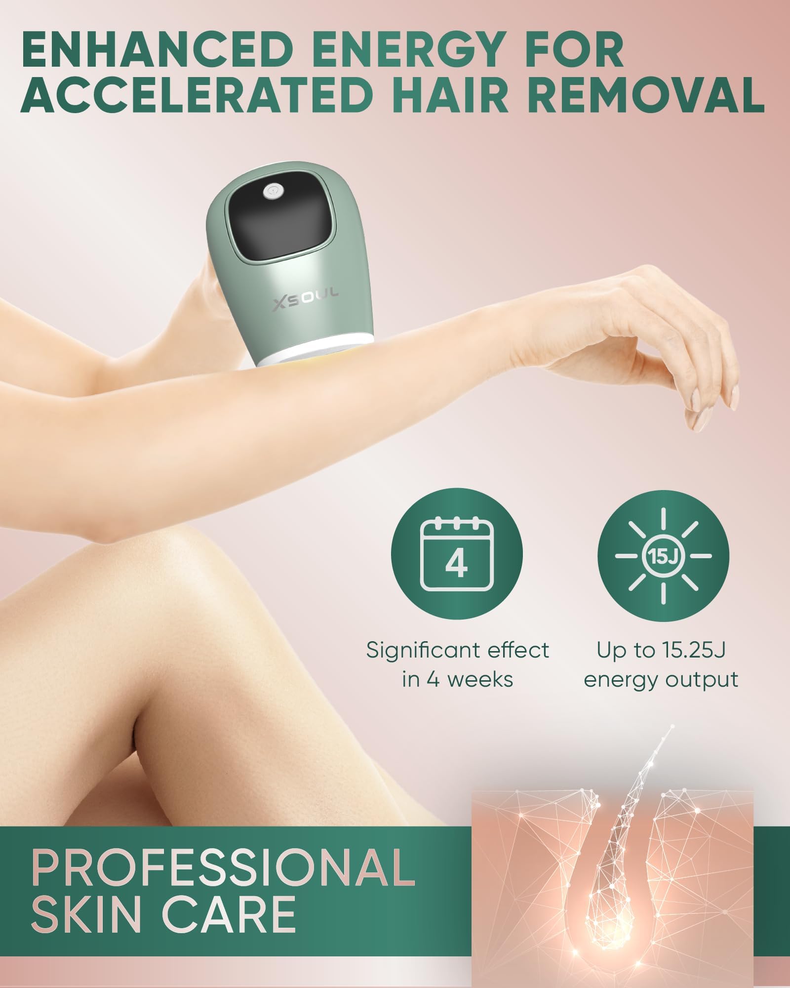 XSOUL IPL laser handheld use demonstrates portability for convenient hair reduction.