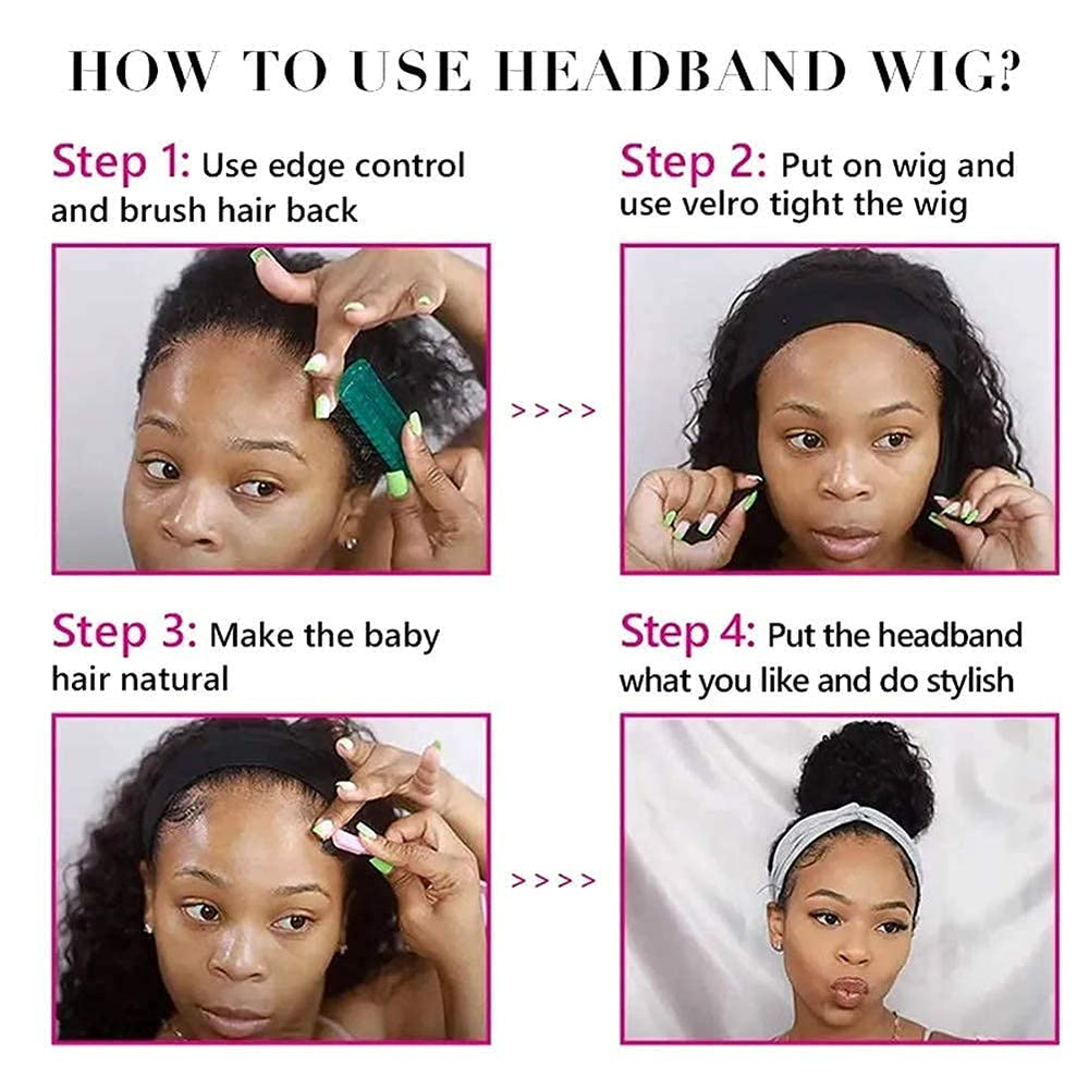 XSY Headband Wig Includes cap, eyelashes, and headband for styling.