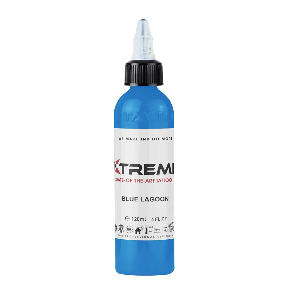 XTREME Blue Lagoon 4 oz label, vibrant ink ready for precise line work.