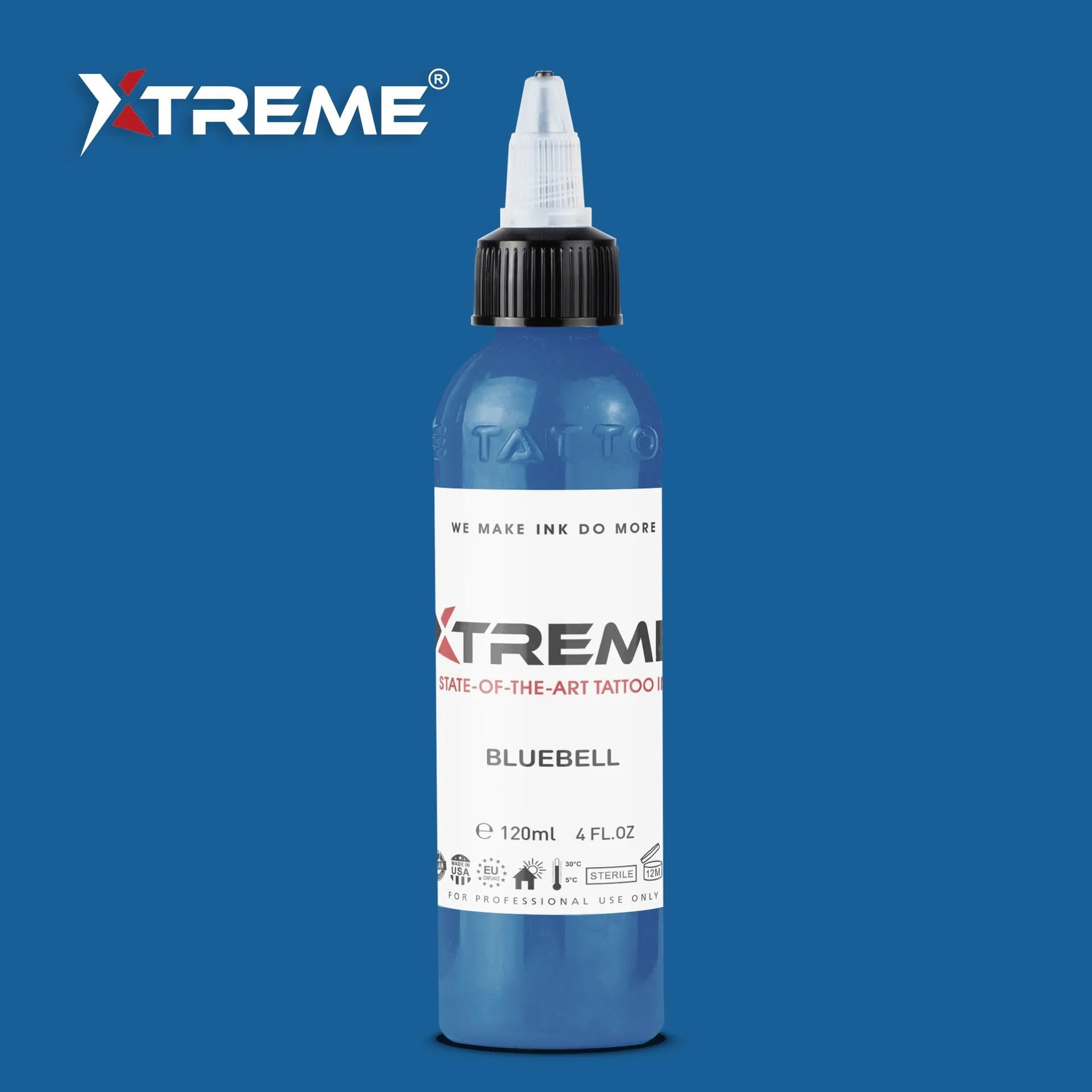 XTREME Xtreme Tattoo Ink Bluebell bottle side angle highlights smooth, consistent pigment