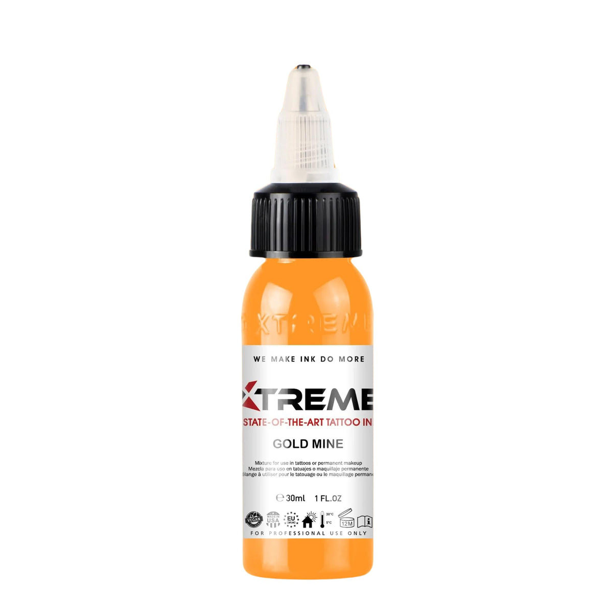 XTREME Tattoo Ink Gold Mine 4 oz bottle highlights vibrant, precise color for detailed work.